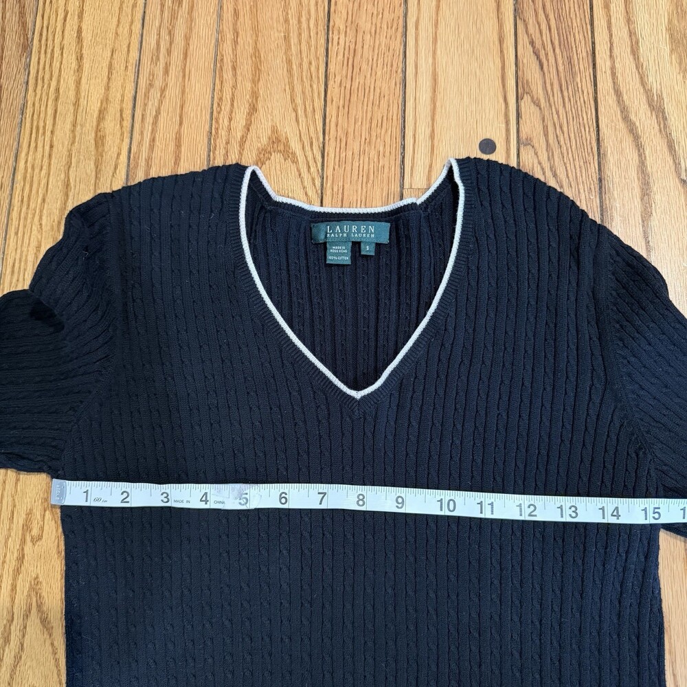 Lauren Ralph Lauren Black Cable Knit V Neck Sweater S Cotton Classic - Picture 5 of 10